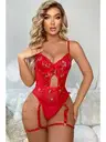 Kadın Kırmızı Transparan Çiçek Desenli Fantezi Babydoll For Dreams 8413