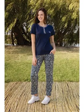 Doreanse Kısa Kollu Lacivert Desenli Kadın T-Shirt Pijama Takımı Doreanse 4213