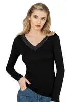 Kadın Likralı Ring Viskon Esnek Rahat Saten Yakalı Uzun Kollu Bluz Özkan 26984 Siyah