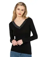 Kadın Likralı Ring Viskon Esnek Rahat Saten Yakalı Uzun Kollu Bluz Özkan 26984 Siyah görsel 4