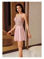 Yanları Çapraz Bağlamalı Mini Saten Dantelli Transparan Fantazi Gecelik Takım İmaj 4230 Pudra detay görünüm