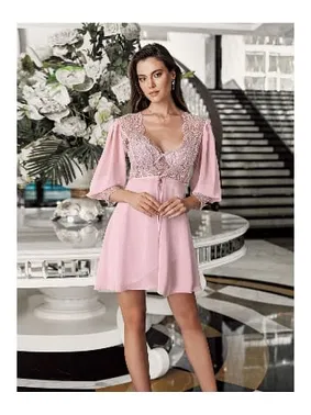 İmaj Sırtı V Kesim Kaplı Saten Dantelli Transparan Fantazi Gecelik Takım İmaj 3207