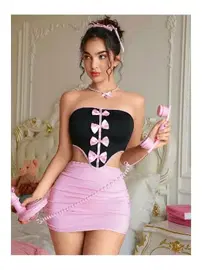 Ruselin Kadın Pembe Elbise Kostüm Fiyonklu Crop Ruselin 2154