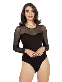 Özkan Kadın Ring Viskon Bisiklet Yaka Tüllü Yakası Taş Detaylı Uzun Kollu Kancalı Body Özkan 25766