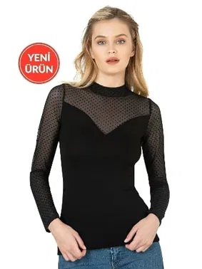 Özkan Kadın Ring Viskon Flok Tül Uzun Kol Esnek Yumuşak Bluz T-Shirt Badi Özkan 26824