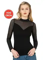 Kadın Ring Viskon Flok Tül Uzun Kol Esnek Yumuşak Bluz T-Shirt Badi Özkan 26824 Siyah