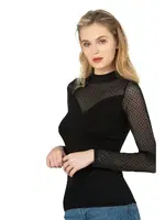 Kadın Ring Viskon Flok Tül Uzun Kol Esnek Yumuşak Bluz T-Shirt Badi Özkan 26824 Siyah farklı açı