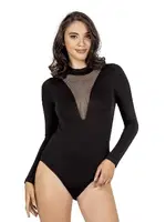 Kadın Ring Viskon Yarım Balıkçı Uzun Kollu Yakası Tül Kancalı Çıtçıtlı Body Özkan 25783 Siyah