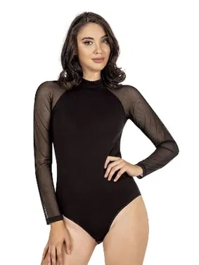 Özkan Kadın Ring Viskon Yarım Balıkçı Yaka Tül Detaylı Uzun Kollu Kancalı Çıtçıtlı Body Özkan 25818