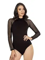 Kadın Ring Viskon Yarım Balıkçı Yaka Tül Detaylı Uzun Kollu Kancalı Çıtçıtlı Body Özkan 25818 Siyah