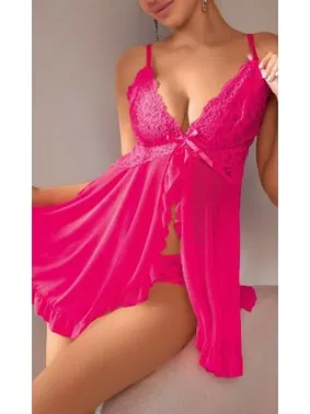 Ruselin Kadın Seksi Pembe Dantel Detaylı Transparan Tül Fantezi Gecelik ve Tanga Takımı Ruselin 2113