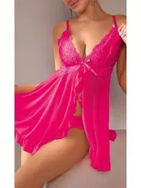 Ruselin Kadın Seksi Pembe Dantel Detaylı Transparan Tül Fantezi Gecelik ve Tanga Takımı Ruselin 2113