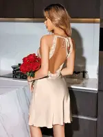 Kadın Sırt Dantel Dekolteli Saten Gecelik Pink Night 3923 Ekru detay görünüm