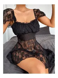 NightLight Kadın Siyah Alt Kısmı Tül Üst Jarse Fantezi Dantelli Gecelik NightLight 3115