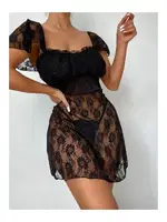 Kadın Siyah Alt Kısmı Tül Üst Jarse Fantezi Dantelli Gecelik NightLight 3115 görsel 4