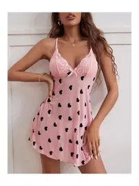 NightLight Kadın Siyah Kalp Desenli Pembe Mini Fantezi Gecelik Nightlight 3703