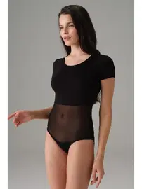 Doreanse Kadın Tül Detaylı Kısa Kol Siyah Bodysuit Doreanse 12423