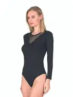 Kadın Viskon Uzan Kollu Tül Detaylı Esnek Rahat Kancalı Çıtçıtlı Body Özkan 25206  Siyah detay görünüm