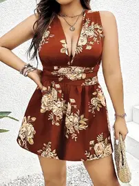 Pink Night Kahverengi Çiçekli Mini Kadın Büyük Beden Elbise Pink Night 6640