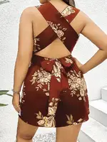 Kahverengi Çiçekli Mini Kadın Büyük Beden Elbise Pink Night 6640 Kahverengi detay görünüm