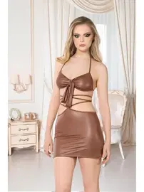 İzabel Kahverengi İpli Seksi Deri Elbise İzabel 8015