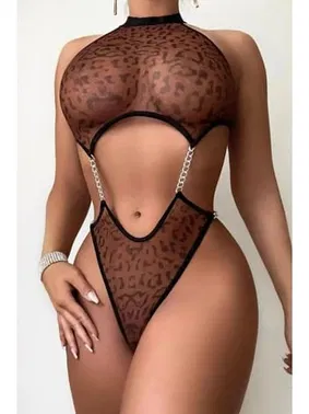 Ruselin Kahverengi Leopar Desenli Zincirli Kadın Fantezi Body