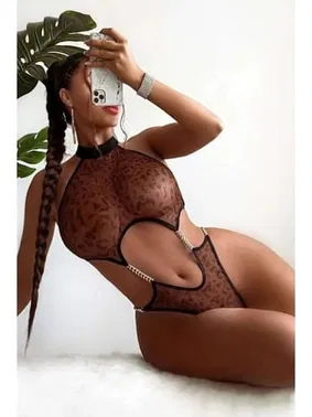 Ruselin Kahverengi Leopar Desenli Zincirli Kadın Fantezi Body - Alternatif Görünüm