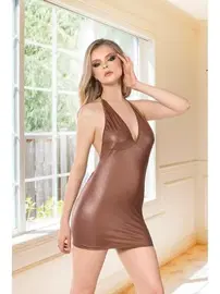 İzabel Kahverengi Seksi Mini Lame Deri Elbise Kostüm İzabel 8014