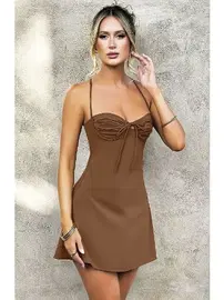 Pink Night Kahverengi Şık Kadın Seksi Elbise Pink Night 4406