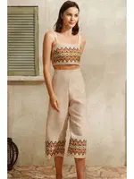 Kalın Askılı Oyuk U Yaka Geometrik Yazlık Uzun Nakış Detaylı Pijama Takımı Anıl 9822 Krem