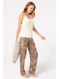 Anıl Kalın Askılı V Yaka Viskon Çiçek Desenli Düğmeli Dantel Detaylı Pijama Takımı Sabahlık Anıl 5798