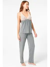 Anıl Kalın Askılı V Yaka Viskon düz Kışlık Örme Normal Bel Dantel Detaylı Pijama Takımı Sabahlık Anıl 5803