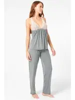 Kalın Askılı V Yaka Viskon düz Kışlık Örme Normal Bel Dantel Detaylı Pijama Takımı Sabahlık Anıl 5803 Gri Melanj