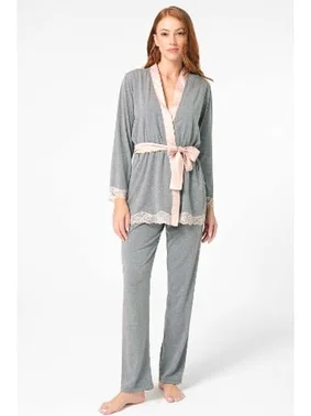 Anıl Kalın Askılı V Yaka Viskon düz Kışlık Örme Normal Bel Dantel Detaylı Pijama Takımı Sabahlık Anıl 5803 - Alternatif Görünüm