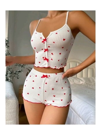 Kalp Desenli Beyaz Seksi Şort Takım Ruselin 5007
