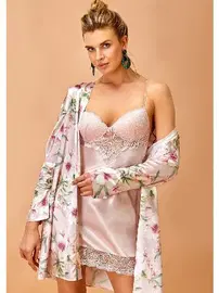 Nurteks Kaplı Sabahlıklı Pudra Desenli Gecelik Takım Nurteks 5352