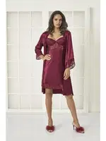Sırt Dekolteli Kaplı Saten Dantelli Gecelik Sabahlık Takımı Pierre Cardin 4075 Bordo görsel 16