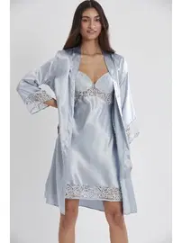 Pierre Cardin Sırt Dekolteli Kaplı Saten Dantelli Gecelik Sabahlık Takımı Pierre Cardin 4075