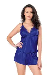 Ahu Lingerie Kenarları Fırfırlı Saks Saten Babydoll Şort Takımı Ahu Primoda 9131