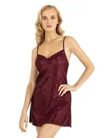 Kendinden Desenli Bordo Kısa Saten Gecelik Ahu Primoda 8219 Bordo