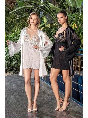 Nurteks Kimono Gecelik Sabahlık Ekru Dantelli Saten Takım Nurteks 5321