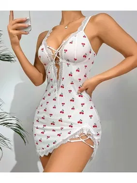 Lily Bianca Kiraz Desenli Dantel Kenarlı Seksi Gecelik Lily Bianca 13009 - Alternatif Görünüm