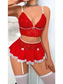 Lily Bianca Kırmızı Dantel Büstiyer Etek Seksi Takım Lily Bianca LB-139
