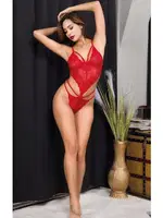 Kırmızı Dantelli İpli Seksi Fantezi Bodysuit İzabel Z-0011 Kırmızı detay görünüm