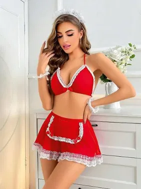 Jesica Bella Kırmızı Fırfılı Hizmetçi Kostümü Jesica Bella E-00133