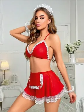 Jesica Bella Kırmızı Fırfılı Hizmetçi Kostümü Jesica Bella E-00133 - Alternatif Görünüm