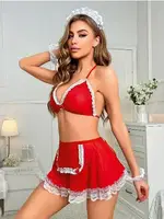 Kırmızı Fırfılı Hizmetçi Kostümü Jesica Bella E-00133 Kırmızı detay görünüm