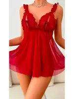 Kırmızı Fırfırlı Tül Erotik Fantezi Gecelik Ruselin 2109