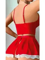 Kırmızı Fiyonklu Dantelli Hizmetçi Kostüm Lily Bianca LB-131 Kırmızı detay görünüm