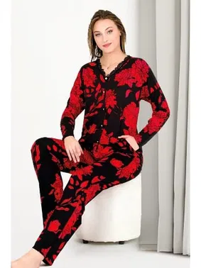 Lady Kırmızı Gül Desenli Düğmeli Uzun Kollu Pijama Takımı Lady 11654